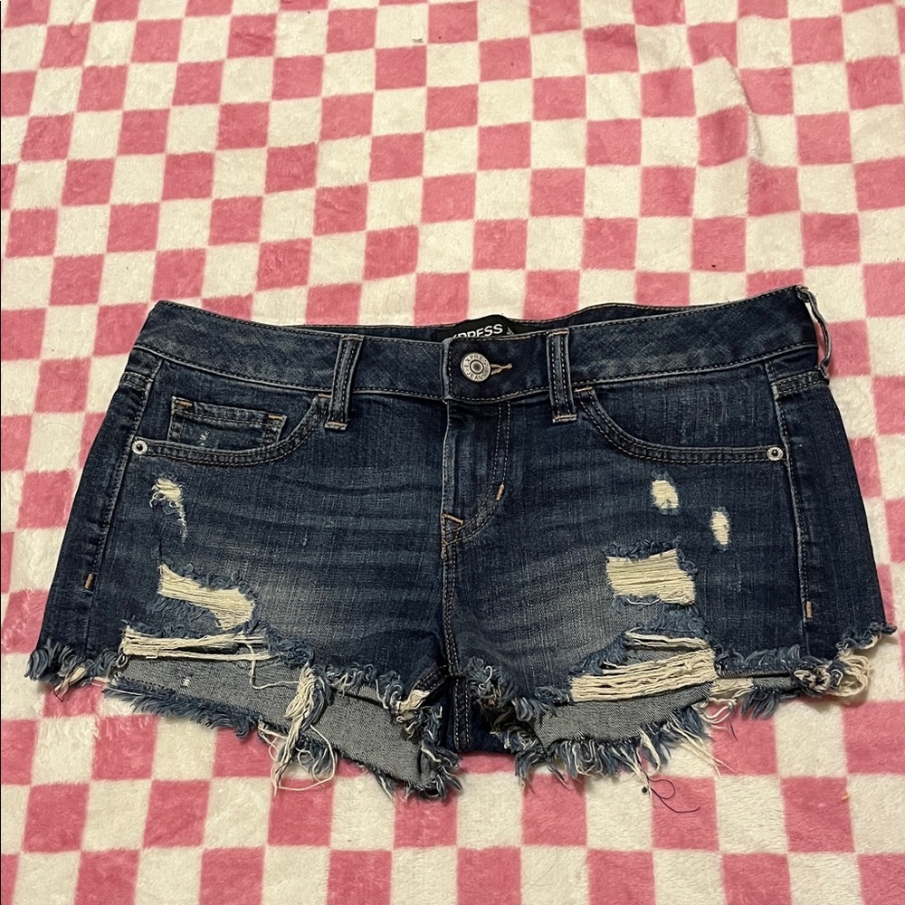 Express Women's Ripped Jean Shorts - Dark Blue